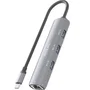 AISENS Dock USB-C a Ethernet Gigabit + Hub 3xUSB-A, Gris, 15cm